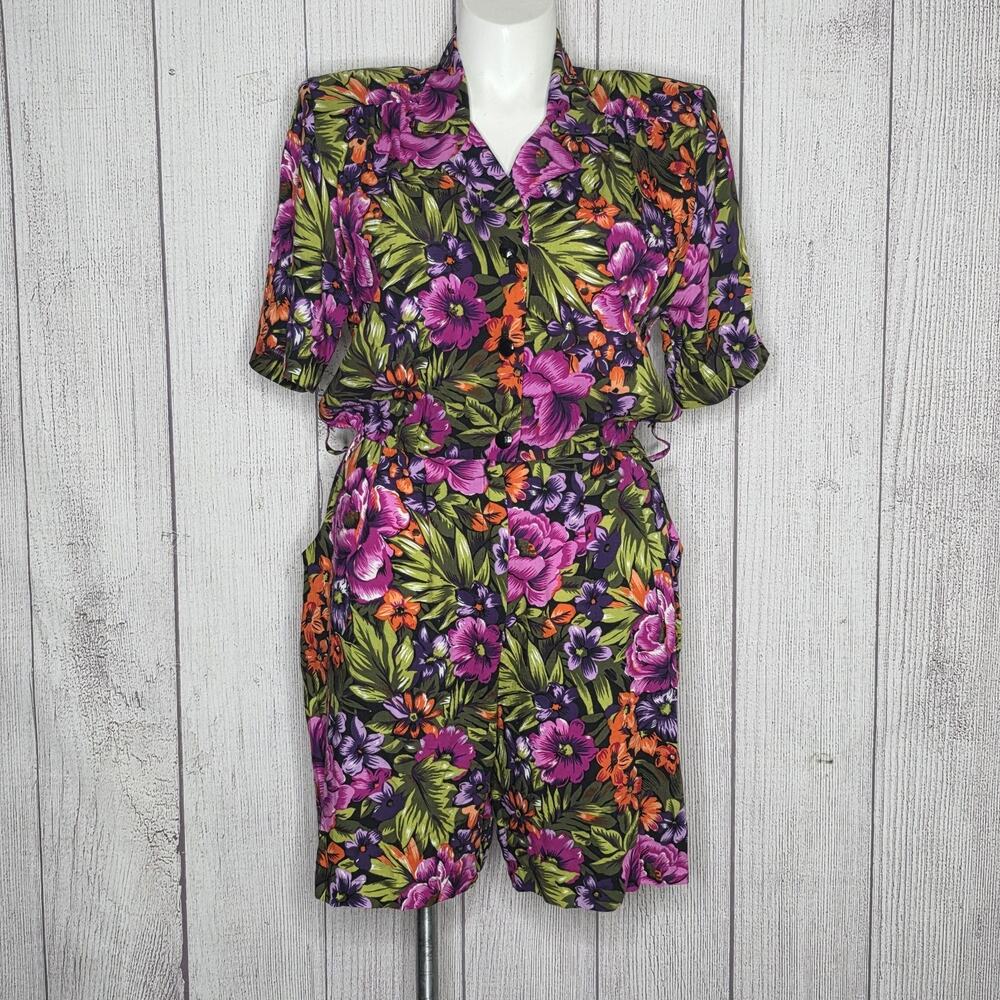 Vintage 90s Grand Nouveau Tropical Floral Romper 11/12 Rayon Grunge Playsuit